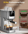 Premium Stainless Steel Espresso Machine 20 Bar With Touch Screen, brewing espresso shots with steam wand, coffee glasses.