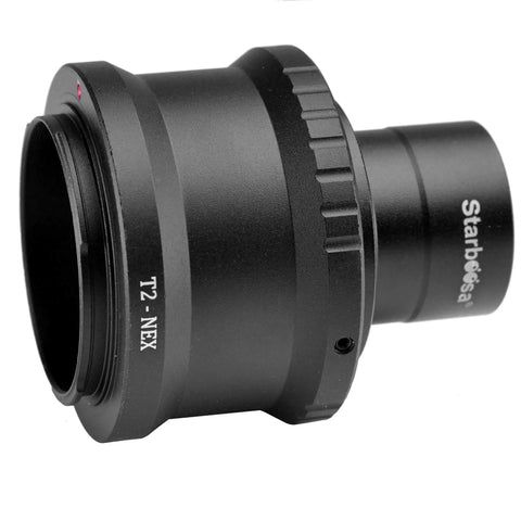 T2 Ring and M42 to 1.25 Inch Telescope T Adapter for Sony NEX Cameras, aluminum body, manual focus, side view