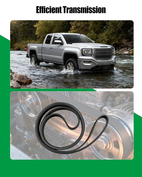 Heavy Duty 87 Inch Serpentine Drive Belt With 6 Rib Design Fits Chevy Silverado GMC Sierra Dodge Ram And Ford Mustang High Performance Engine Accessory showcased over engine components.