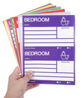 Hand holding Color Coded Moving Box Labels 160 Pack With Writable Notes Area 6x4 Inches Scuff Resistant Paper Stickers for organization