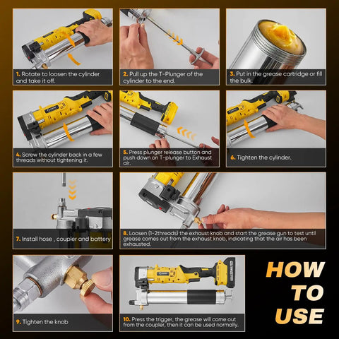 Step-by-step guide showing how to use Cordless Electric Grease Gun Kit With Two Batteries, 10,000 PSI High-Pressure Lubrication.