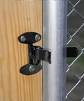 1-3/8 Inch Wall Mount Fork Gate Latch With Padlock Hole And Hardware installed on wood post and chain link fence, black finish