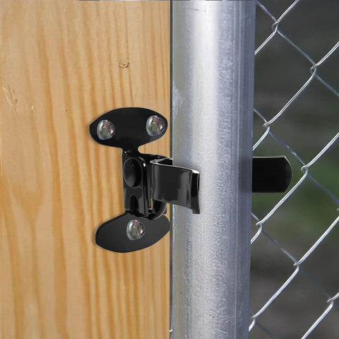 1-3/8 Inch Wall Mount Fork Gate Latch With Padlock Hole And Hardware installed on wood post and chain link fence, black finish
