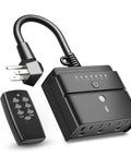 Outdoor Timer Outlet With Dusk To Dawn Sensor And Remote Control 100 Foot Range Waterproof 3 Grounded Outlets 15A ETL Listed