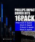 16 Pack PH2 Phillips Impact Driver Bits Set With Magnetic Tips S2 Alloy Steel One Quarter Inch Hex Shank Six Inch Max Length CNC Machined Heavy Duty Drill Bits For Tough Jobs, showing various bit sizes from 1 to 6 inches