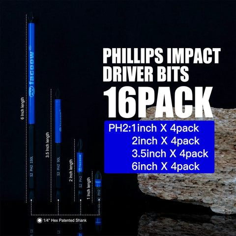 16 Pack PH2 Phillips Impact Driver Bits Set With Magnetic Tips S2 Alloy Steel One Quarter Inch Hex Shank Six Inch Max Length CNC Machined Heavy Duty Drill Bits For Tough Jobs, showing various bit sizes from 1 to 6 inches