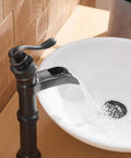 Oil Rubbed Bronze Vessel Sink Faucet Tall Waterfall With Single Handle One Hole Installation Solid Brass Vanity Lavatory RV Bathroom Faucet For Bathroom Sink, water flowing into white basin