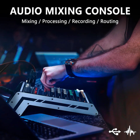 DJ using Six Channel Audio Mixer With 48V Phantom Power, 99 DSP Effects, And Four XLR/TRS Combo Jacks Plus Two Stereo Line Inputs
