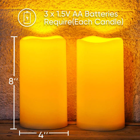 Outdoor Flameless Candles 8 by 4 Inch Waterproof Pillar Set of 2 glowing with battery requirement, perfect for porch decor.
