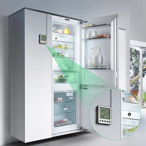 Digital Refrigerator Freezer Thermometer With Extra Sensor For Indoor Outdoor Use Humidity Hygrometer And Max Min Memory Reptile And Aquarium Temp Monitor Fridge Freezer Thermometer 1.5m Probe 24 Hour Recall Black mounted on fridge door