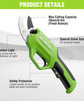 Cordless Electric Pruning Shears 7.2V Battery Powered Pruner, green tool with SK5 blades and safety features, 0.8 inch cut