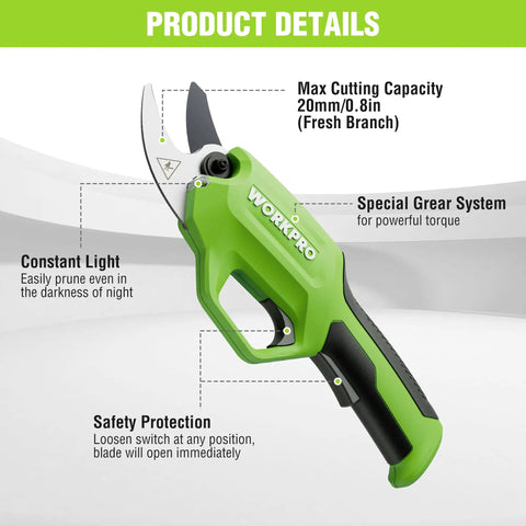 Cordless Electric Pruning Shears 7.2V Battery Powered Pruner, green tool with SK5 blades and safety features, 0.8 inch cut