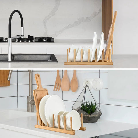 Slick Countertop Space Saver Bamboo Dish Rack And Vertical Plate Lid Organizer displaying six plates on a kitchen counter.