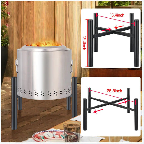 Sturdy Stainless Fire Pit Stand 15 To 27 Inches For Most Outdoor Fire Pits And Camping Stoves Heavy Duty Fire Pit Accessory Elevates Fire Pit Safely Off Ground Silver, shown on patio with measurement details