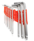 Heavy Duty Hex Key Set With Nine Durable Chrome Vanadium Wrenches Perfect For DIY Repairs And Home Workshop Jobs In All Sizes From Small To Large. 9-piece chrome vanadium hex key set on red holder