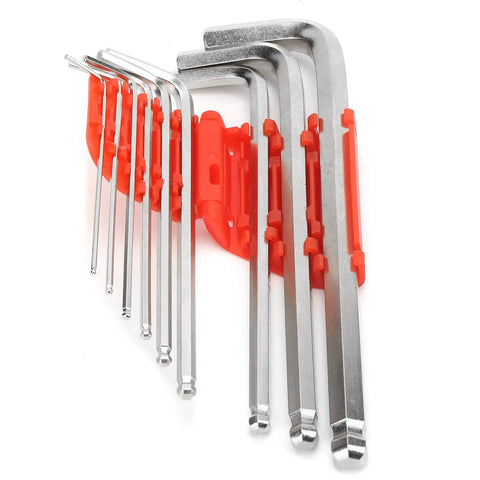 Heavy Duty Hex Key Set With Nine Durable Chrome Vanadium Wrenches Perfect For DIY Repairs And Home Workshop Jobs In All Sizes From Small To Large. 9-piece chrome vanadium hex key set on red holder