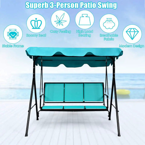 Three Seat Patio Swing With Steel Frame And Adjustable Canopy, All Weather Resistant Rocking Bench For Cozy Patio, Garden, Poolside Or Balcony, Turquoise Finish