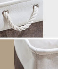 Chunky Foldable Linen Fabric Storage Basket With Tough Cotton Rope Handles, Collapsible Cube Bin For Closets, Laundry Hampers And Laid Back Home Organization, Quick Fold Space Saver close-up of rope handle and fabric detail.