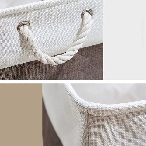 Chunky Foldable Linen Fabric Storage Basket With Tough Cotton Rope Handles, Collapsible Cube Bin For Closets, Laundry Hampers And Laid Back Home Organization, Quick Fold Space Saver close-up of rope handle and fabric detail.