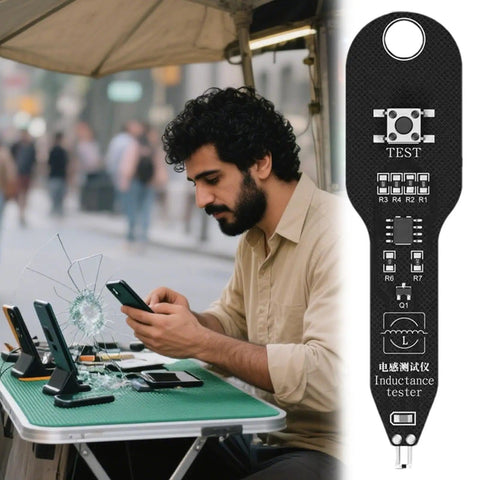 Person using Inductance Tester For PCB And Motherboard Coils Must Have Quick Fault Detection Tool at outdoor repair station