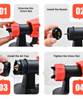 Steps to assemble Cordless HVLP Paint Sprayer With 1300ML Cup 3 Spray Patterns And 4 Nozzles Easy Clean Joints.