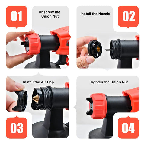 Steps to assemble Cordless HVLP Paint Sprayer With 1300ML Cup 3 Spray Patterns And 4 Nozzles Easy Clean Joints.