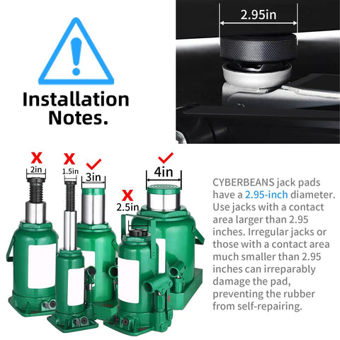 Installation notes for Tesla Model S X Y Jack Pad Set with a 2.95-inch diameter, compatible with various jack sizes.