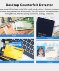 High Speed Money Counter With UV MG WM MGF Detection And Built In Magnifier Scale Banknote Verifier For US Dollars Euros Pounds Yuan And More Quick Counterfeit Check shown with cash, passport, credit cards, and license.