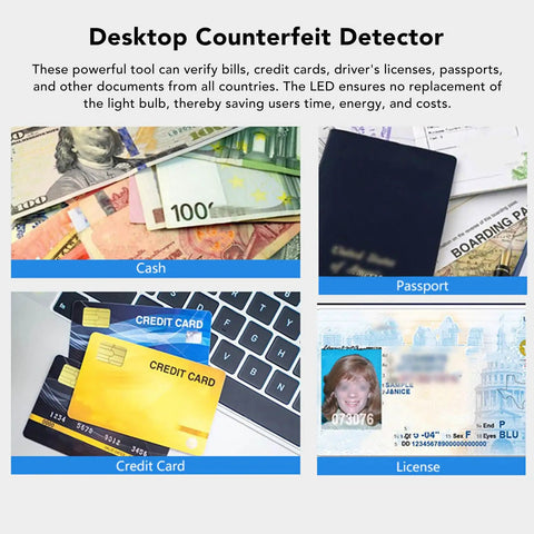 High Speed Money Counter With UV MG WM MGF Detection And Built In Magnifier Scale Banknote Verifier For US Dollars Euros Pounds Yuan And More Quick Counterfeit Check shown with cash, passport, credit cards, and license.