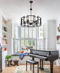 Industrial Style Chandelier With Matte Black Finish Geometric Shade Pendant Lighting Fixture in stylish living room