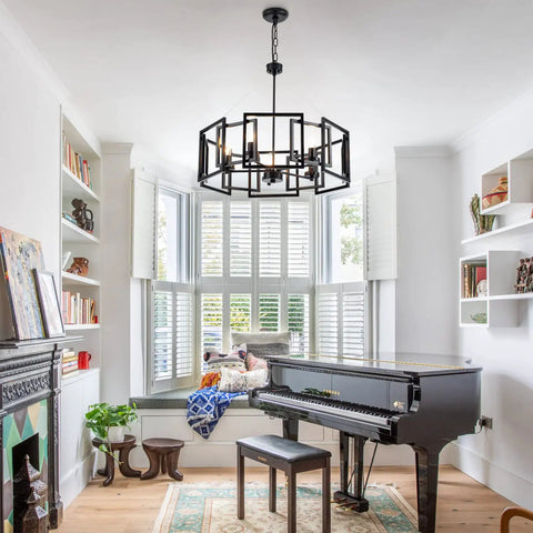 Industrial Style Chandelier With Matte Black Finish Geometric Shade Pendant Lighting Fixture in stylish living room