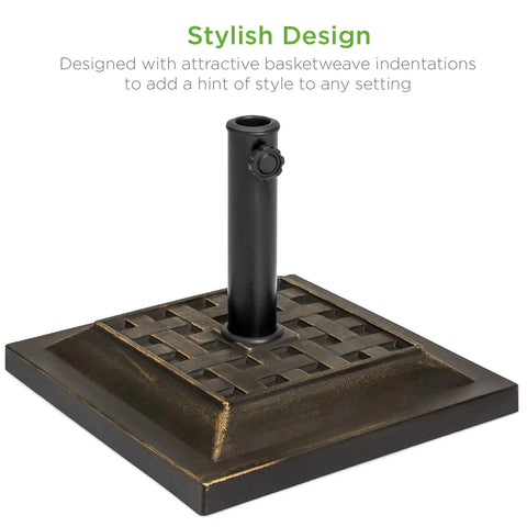 Heavy Duty 26 Pound Steel Patio Umbrella Stand With Bronze Finish Square Base Decorative Basket Weave Pattern