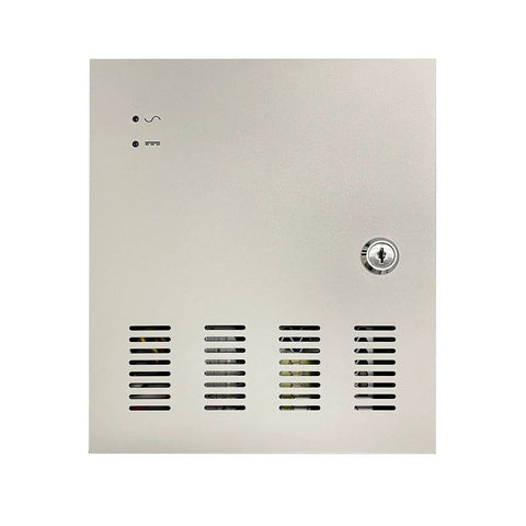 Front view of Beefed Up Nine Channel High Power CCTV Camera Power Distribution Box with lockable panel and vented design