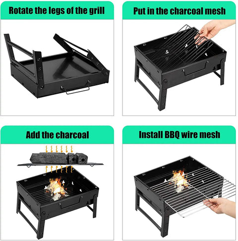 Steps to set up Portable Folding Charcoal Grill For Outdoor BBQ On The Go Stainless Steel Tabletop Smoker Ultra Lightweight Camping Picnic Beach Grilling Setup For Family And Friends.