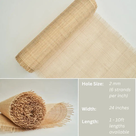 Top Shelf Natural Radio Weave Rattan Cane Webbing Roll 24 By 84 Inches Solid Build Prefab Sheet showing rolled rattan with detailed weave.