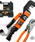 10 Ton Hydraulic Battery Cable Crimper With 9 Dies And Dual Blade Weir Cutter, spring loaded handle, carrying case, gloves in view