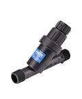 NDS PRYF 30 pressure-regulating Y filter, front view, black plastic, 3/4 in MPT x 3/4 in MPT