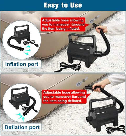 Portable Electric Air Pump 460W Quick Fill Inflator With Hose in use for inflating and deflating an air mattress.