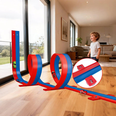Child playing with Flexible Sixteen Point Four Foot Bendable Race Track Set with Suction Cups, blue and red, indoors on wooden floor.