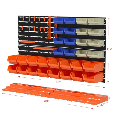 52 Piece Wall Mounted Storage Bins System With Peg Boards And Tool Trays, Garage Workshop Organizer for various supplies