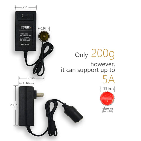 Premium 60W AC To DC Car Cigarette Lighter Adapter Turns Home Outlet To 12V Socket Power Supply For Gear side view with dimensions.