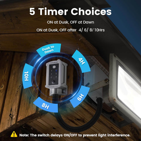 Dusk To Dawn Outdoor Timer Switch With Photocell Sensor on wall, showing 5 timer choices, for landscape lighting and security systems setup.