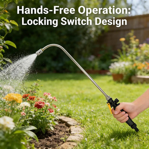 Person using Stainless Steel Watering Wand Sprayer For Garden Hose with locking switch, watering garden flowers outdoors.