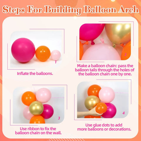 Steps for building Hot Pink And Orange Balloon Arch Kit With Metallic Gold Confetti Balloons for weddings and parties