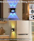 Motion Sensor Light Indoor with Remote, Rechargeable Wireless LED Sconce on a wall, showcasing illumination patterns and mounting options.
