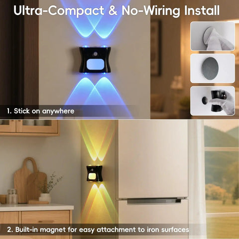 Motion Sensor Light Indoor with Remote, Rechargeable Wireless LED Sconce on a wall, showcasing illumination patterns and mounting options.