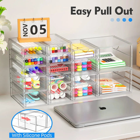 Clear Acrylic Thirteen Drawer Storage Makeup Organizer For Desk Bathroom Vanity Counter, holding stationary and art supplies.