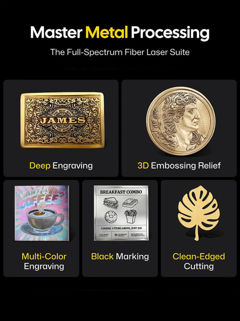 Master Metal Processing laser suite with deep engraving, 3D embossing, multi-color engraving, black marking, clean-edged cutting
