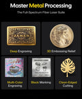 Image showing metal processing capabilities: deep engraving on gold, 3D embossing relief, multi-color engraving, black marking, clean-edged cutting.