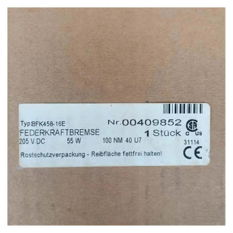 Label of Industrial Magnetic Powder Clutch And Electromagnetic Brake BFK458-16E for heavy machinery, packaging view.